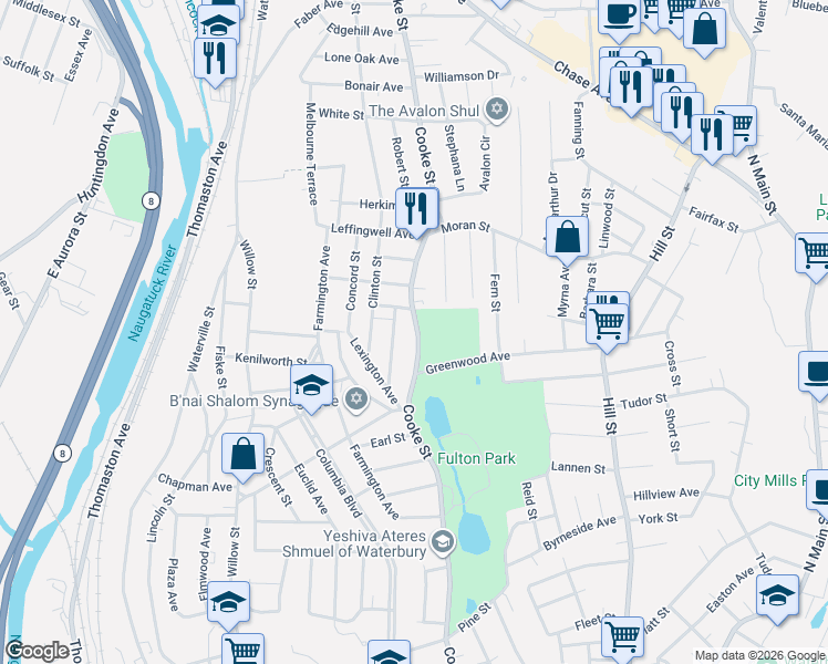 map of restaurants, bars, coffee shops, grocery stores, and more near 46 Oakland Avenue in Waterbury