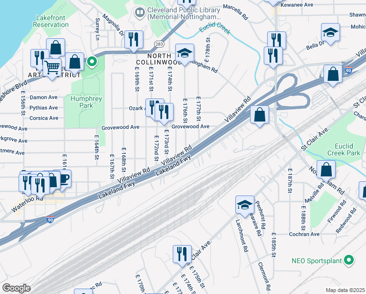 map of restaurants, bars, coffee shops, grocery stores, and more near 1231 East 175th Street in Cleveland