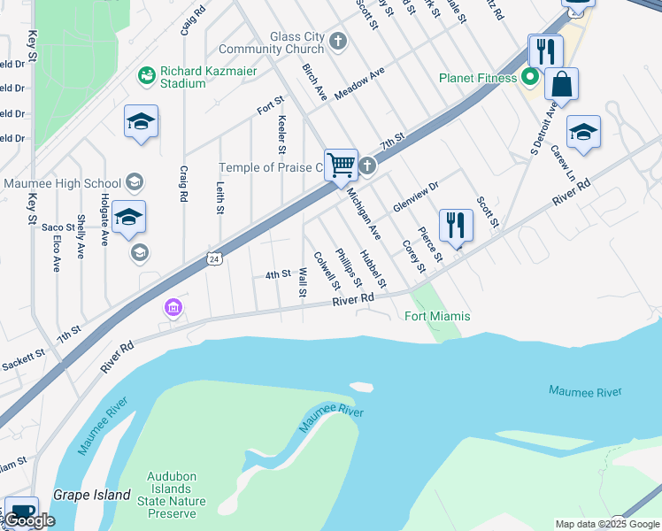 map of restaurants, bars, coffee shops, grocery stores, and more near 718 Colwell Street in Maumee