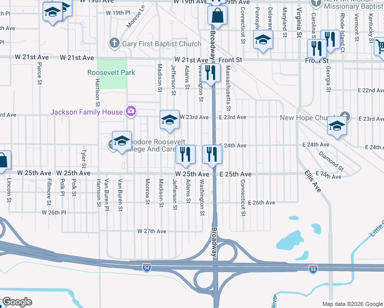 map of restaurants, bars, coffee shops, grocery stores, and more near 2452 Adams Street in Gary