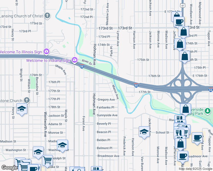 map of restaurants, bars, coffee shops, grocery stores, and more near 237 Adelaide Place in Munster