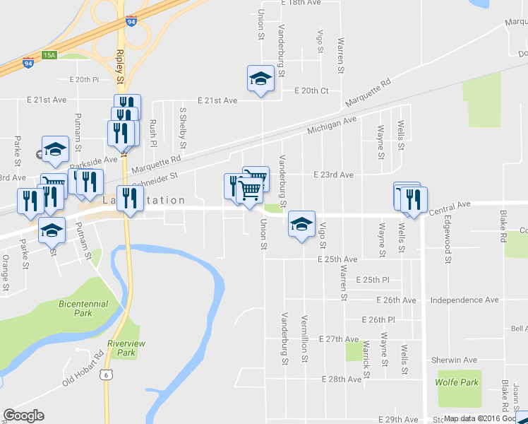 map of restaurants, bars, coffee shops, grocery stores, and more near 2401 Union Street in Lake Station