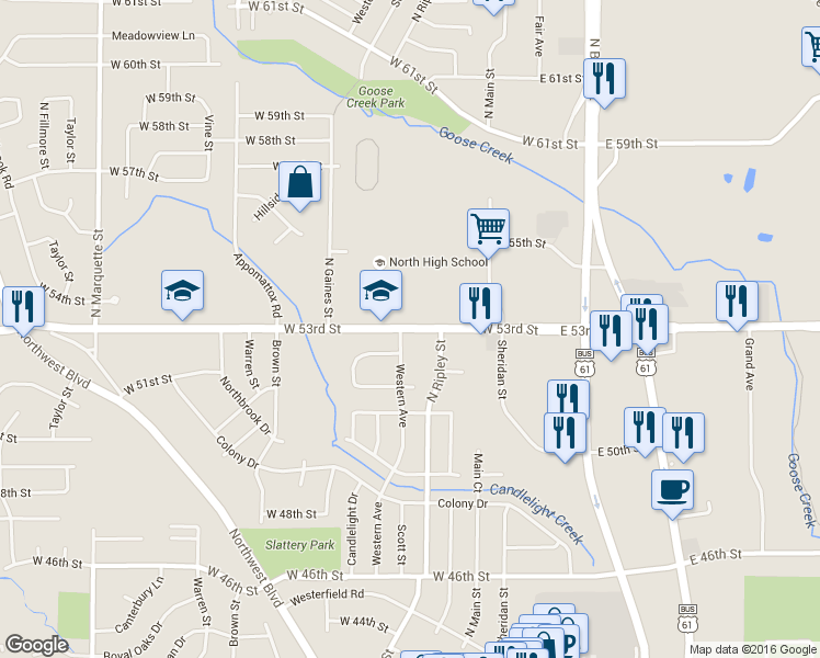 map of restaurants, bars, coffee shops, grocery stores, and more near 437 West 53rd Street in Davenport