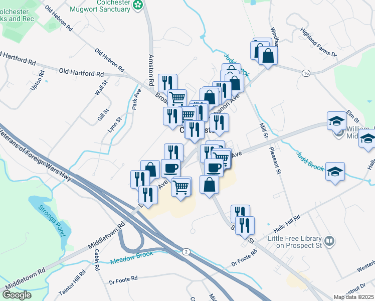 map of restaurants, bars, coffee shops, grocery stores, and more near 8 Linwood Avenue in Colchester