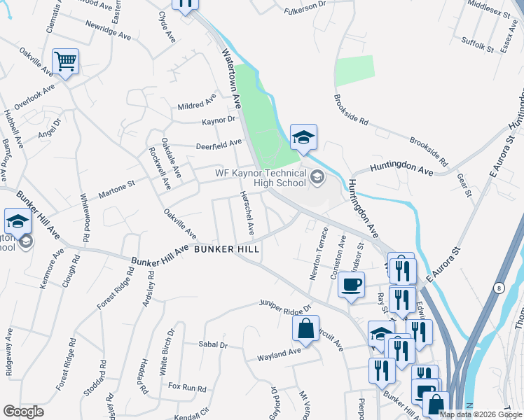 map of restaurants, bars, coffee shops, grocery stores, and more near 32 Glenview Avenue in Waterbury