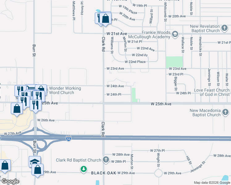map of restaurants, bars, coffee shops, grocery stores, and more near 4435 West 24th Place in Gary