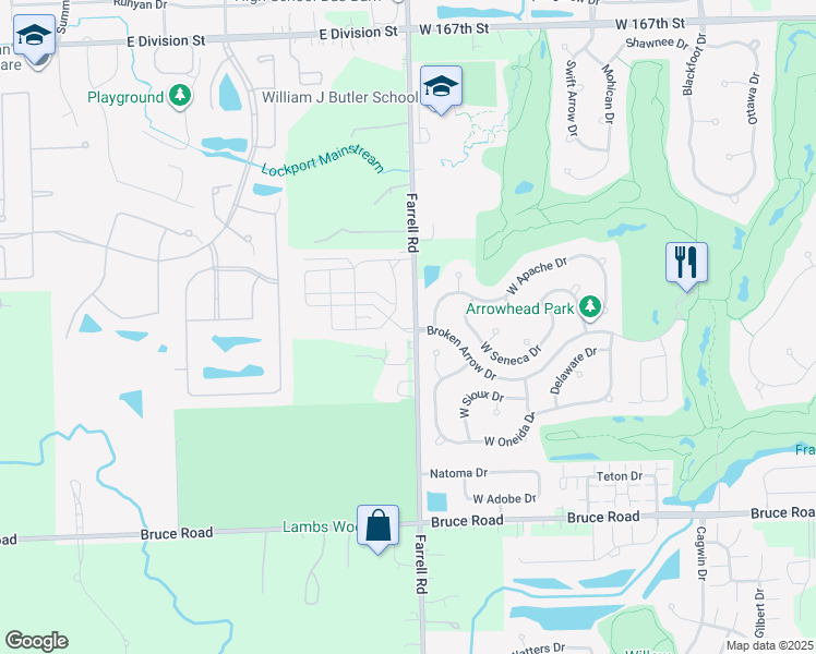map of restaurants, bars, coffee shops, grocery stores, and more near 2705 Farrell Road in Lockport