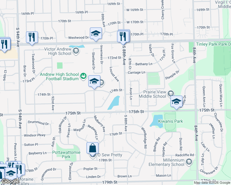map of restaurants, bars, coffee shops, grocery stores, and more near 17413 Chestnut Drive in Tinley Park