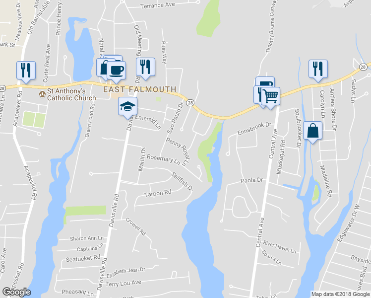 map of restaurants, bars, coffee shops, grocery stores, and more near 3 Sheila Way in Falmouth
