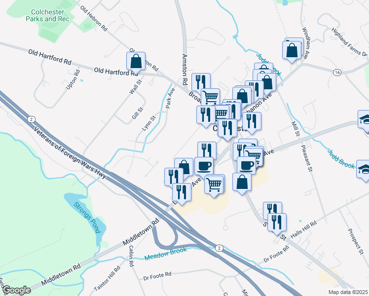 map of restaurants, bars, coffee shops, grocery stores, and more near 48 Kmick Lane in Colchester