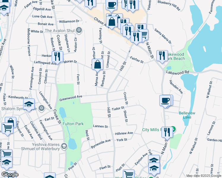 map of restaurants, bars, coffee shops, grocery stores, and more near 216 Greenwood Avenue in Waterbury