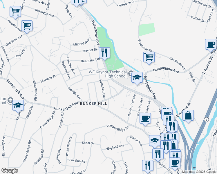map of restaurants, bars, coffee shops, grocery stores, and more near 32 Glenview Avenue in Waterbury