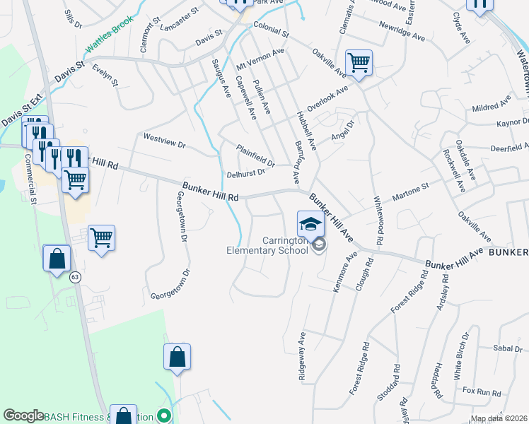 map of restaurants, bars, coffee shops, grocery stores, and more near 25 Crestview Lane in Waterbury
