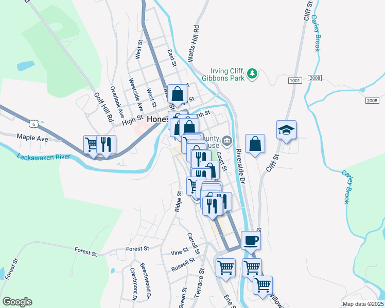 map of restaurants, bars, coffee shops, grocery stores, and more near 929 Pennsylvania 191 in Honesdale