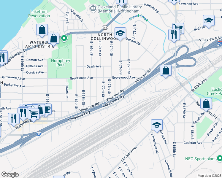 map of restaurants, bars, coffee shops, grocery stores, and more near 1232 East 173rd Street in Cleveland