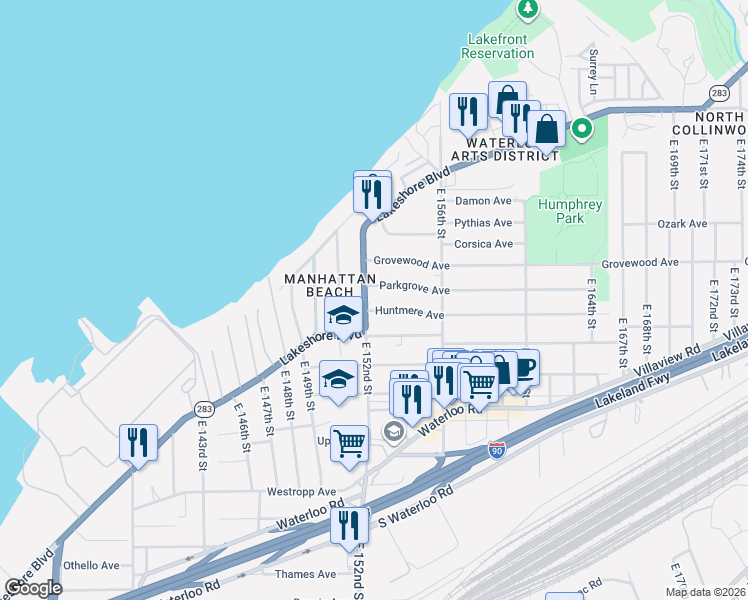 map of restaurants, bars, coffee shops, grocery stores, and more near 15218 Huntmere Avenue in Cleveland