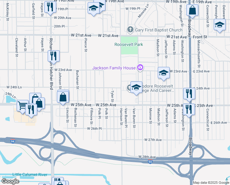 map of restaurants, bars, coffee shops, grocery stores, and more near 834 West 25th Avenue in Gary