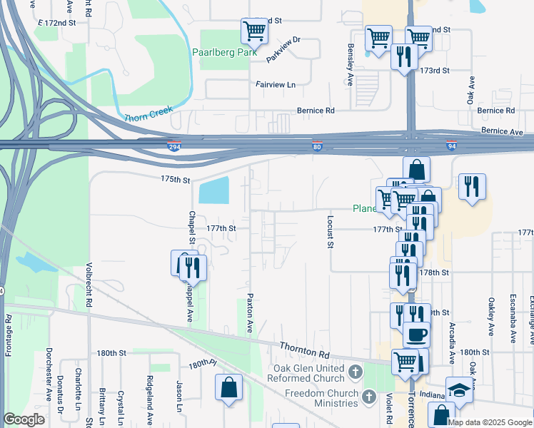 map of restaurants, bars, coffee shops, grocery stores, and more near 21080 177th Street in Lansing
