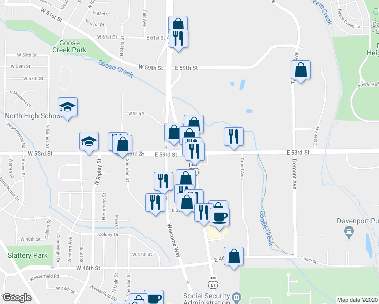 map of restaurants, bars, coffee shops, grocery stores, and more near 398 East 53rd Street in Davenport