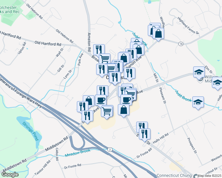 map of restaurants, bars, coffee shops, grocery stores, and more near 8 Linwood Avenue in Colchester