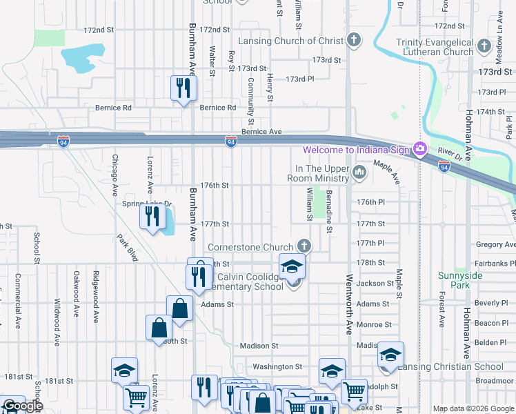 map of restaurants, bars, coffee shops, grocery stores, and more near 17657 Community Street in Lansing