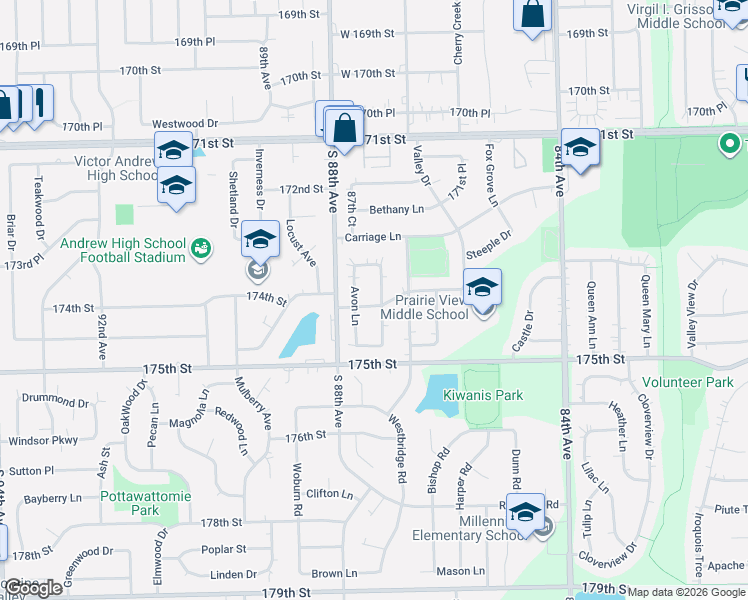 map of restaurants, bars, coffee shops, grocery stores, and more near 17405 Avon Lane in Tinley Park