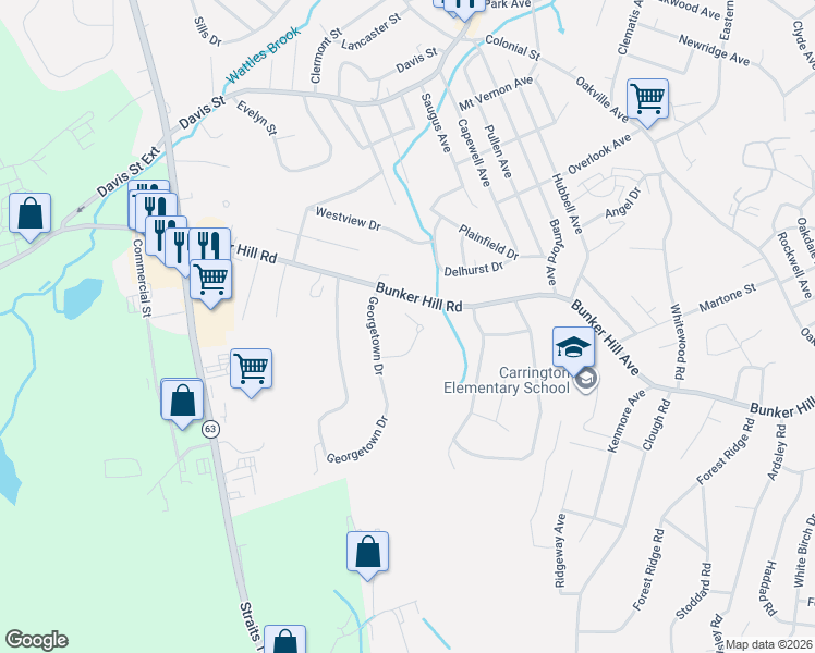 map of restaurants, bars, coffee shops, grocery stores, and more near 364 Georgetown Drive in Watertown