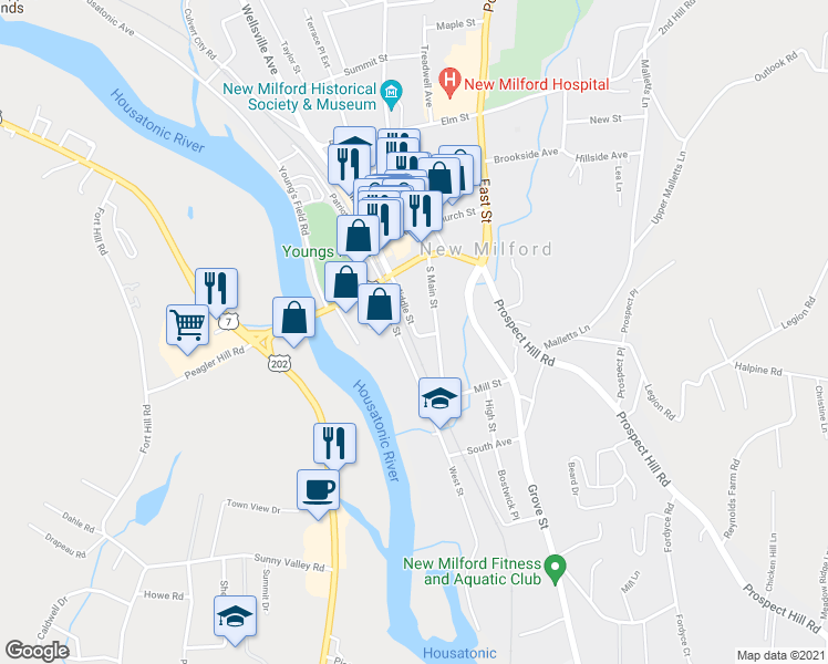 map of restaurants, bars, coffee shops, grocery stores, and more near 34 Middle Street in New Milford