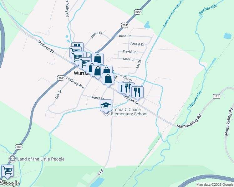 map of restaurants, bars, coffee shops, grocery stores, and more near 19 Pennsylvania Avenue in Wurtsboro