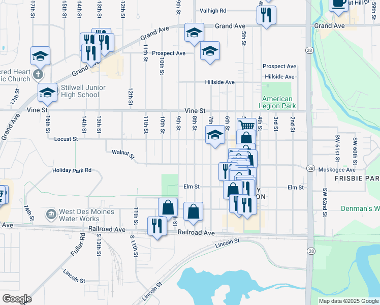 map of restaurants, bars, coffee shops, grocery stores, and more near 401 9th Street in West Des Moines