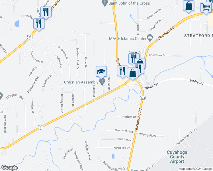 map of restaurants, bars, coffee shops, grocery stores, and more near 1940 Skyline Drive in Richmond Heights