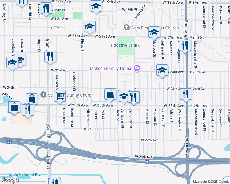 map of restaurants, bars, coffee shops, grocery stores, and more near 2444 Harrison Street in Gary
