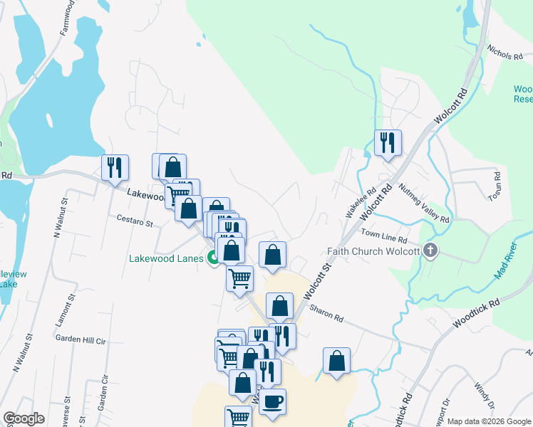 map of restaurants, bars, coffee shops, grocery stores, and more near 26 Craftwood Road in Waterbury