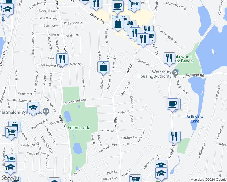 map of restaurants, bars, coffee shops, grocery stores, and more near 176 Greenwood Avenue in Waterbury