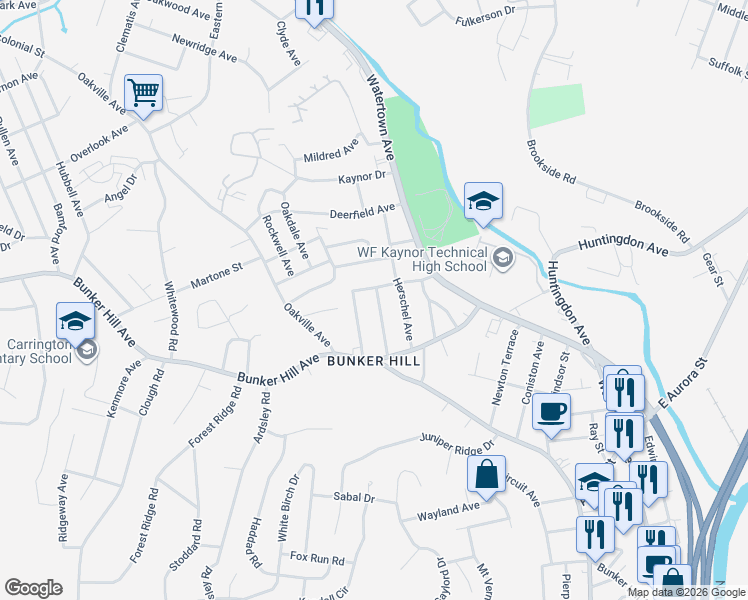 map of restaurants, bars, coffee shops, grocery stores, and more near 42 Greenfield Avenue in Waterbury