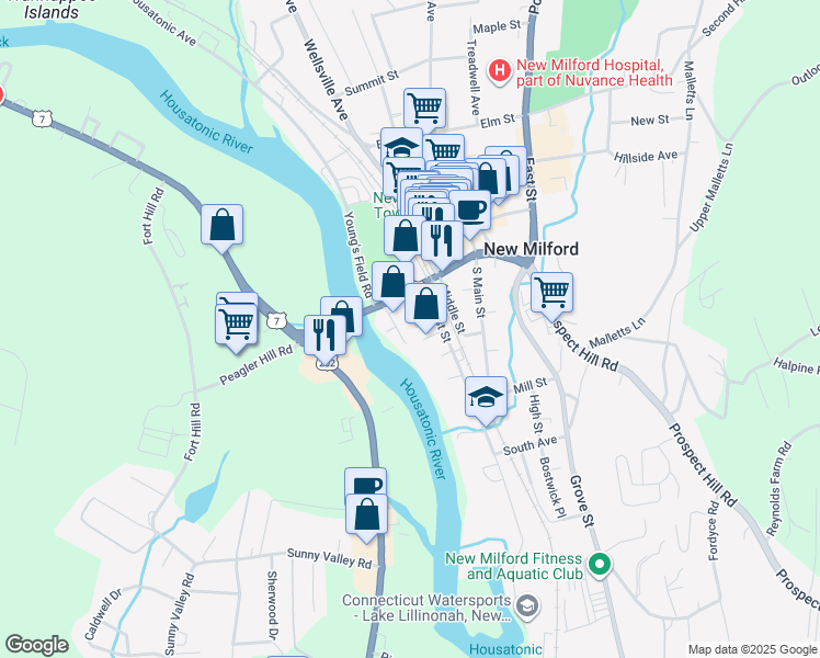 map of restaurants, bars, coffee shops, grocery stores, and more near 16 Spring Street in New Milford