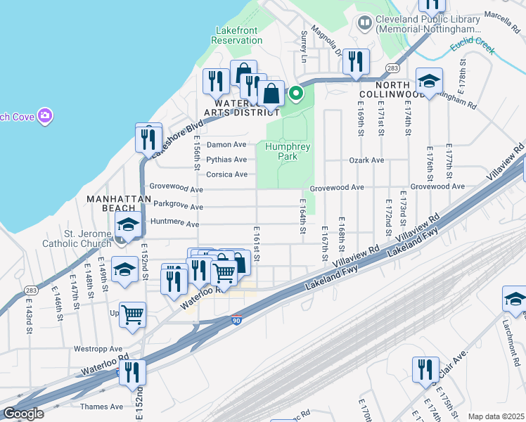 map of restaurants, bars, coffee shops, grocery stores, and more near 16008 Huntmere Avenue in Cleveland