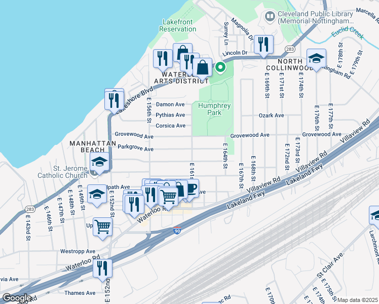 map of restaurants, bars, coffee shops, grocery stores, and more near 16008 Huntmere Avenue in Cleveland