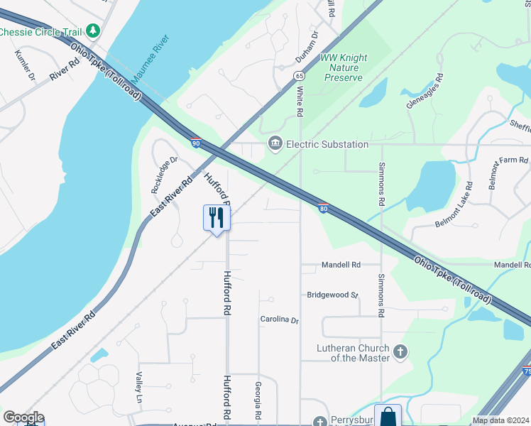 map of restaurants, bars, coffee shops, grocery stores, and more near 11051 Riverbend Court East in Perrysburg