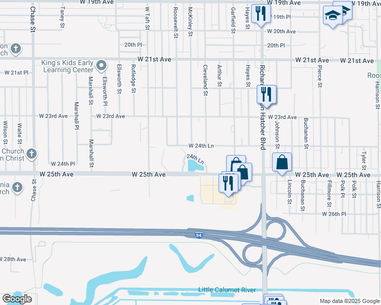 map of restaurants, bars, coffee shops, grocery stores, and more near 2450 Roosevelt Street in Gary