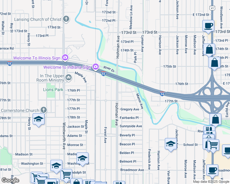 map of restaurants, bars, coffee shops, grocery stores, and more near 7653 Hohman Avenue in Munster
