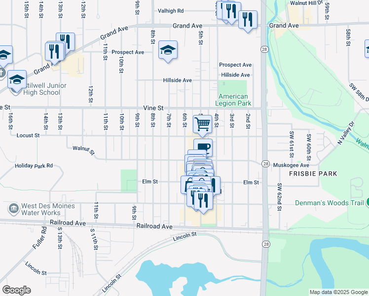 map of restaurants, bars, coffee shops, grocery stores, and more near 612 Walnut Street in West Des Moines