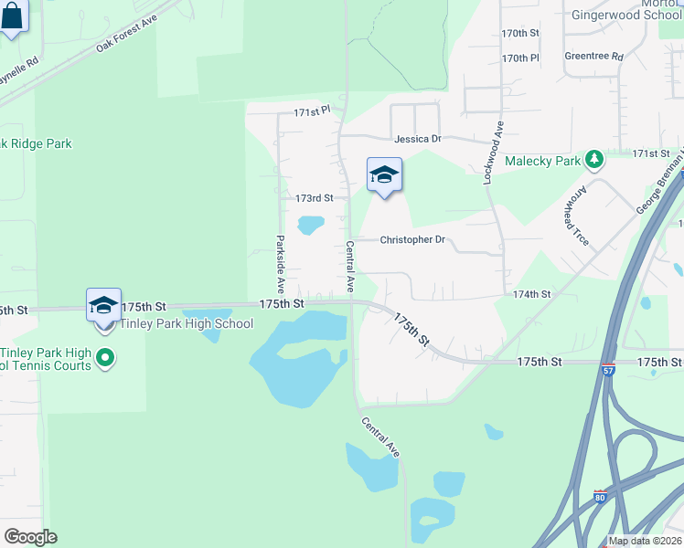 map of restaurants, bars, coffee shops, grocery stores, and more near 17442 Central Avenue in Tinley Park
