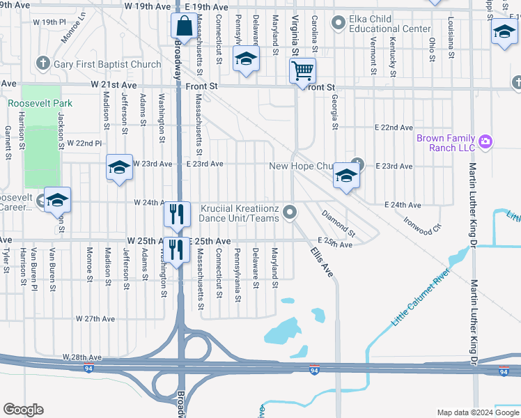 map of restaurants, bars, coffee shops, grocery stores, and more near 2413 Delaware Street in Gary