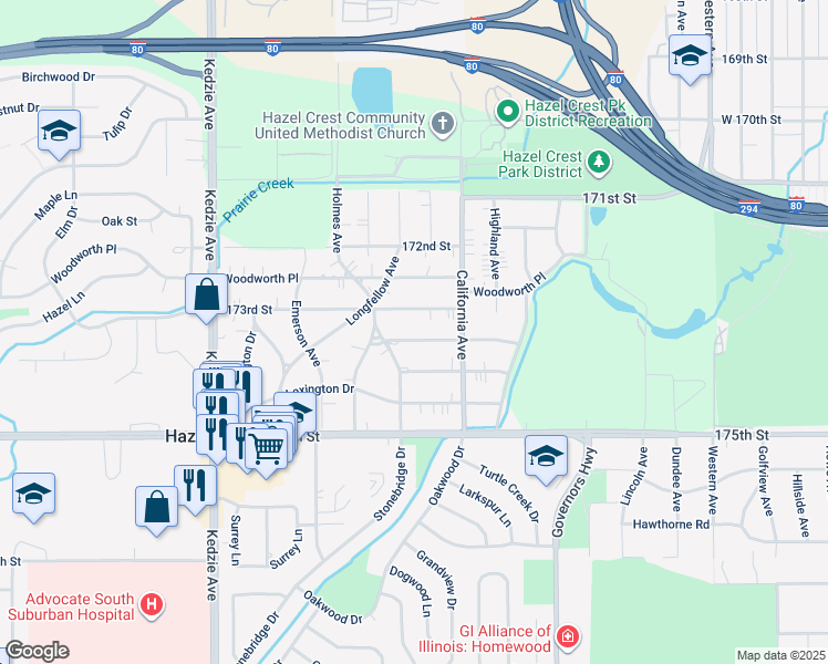 map of restaurants, bars, coffee shops, grocery stores, and more near 2818 Tennyson Place in Hazel Crest