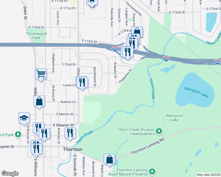 map of restaurants, bars, coffee shops, grocery stores, and more near 92 Indianwood Drive in Thornton