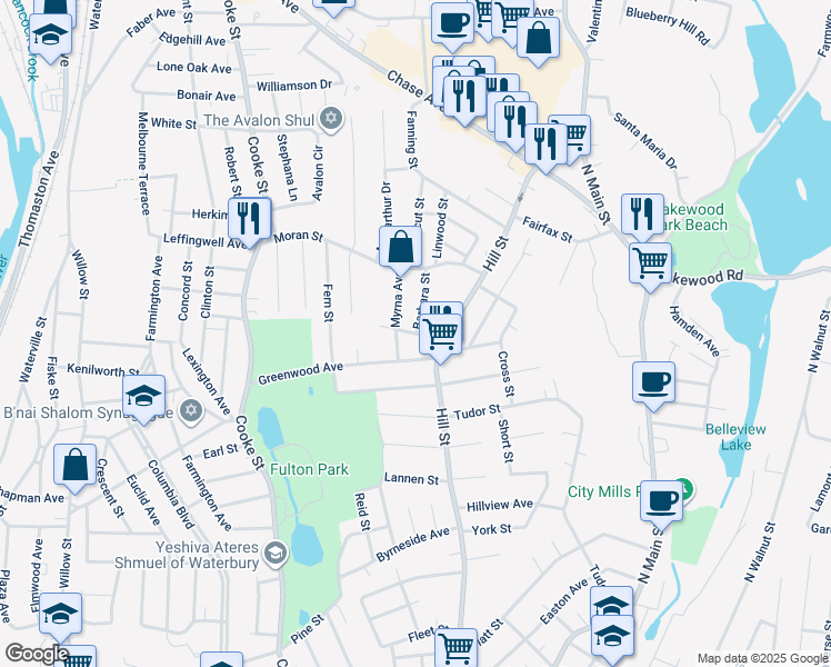 map of restaurants, bars, coffee shops, grocery stores, and more near Charlotte Street in Waterbury