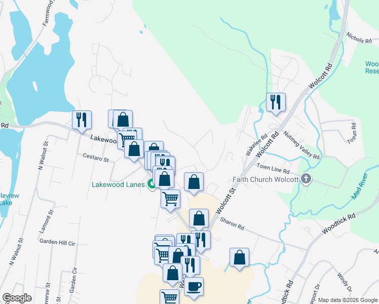 map of restaurants, bars, coffee shops, grocery stores, and more near 26 Craftwood Road in Waterbury