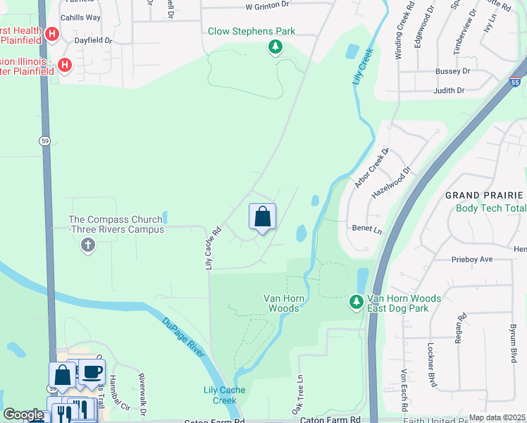 map of restaurants, bars, coffee shops, grocery stores, and more near 16950 South Heathercreek Drive in Plainfield