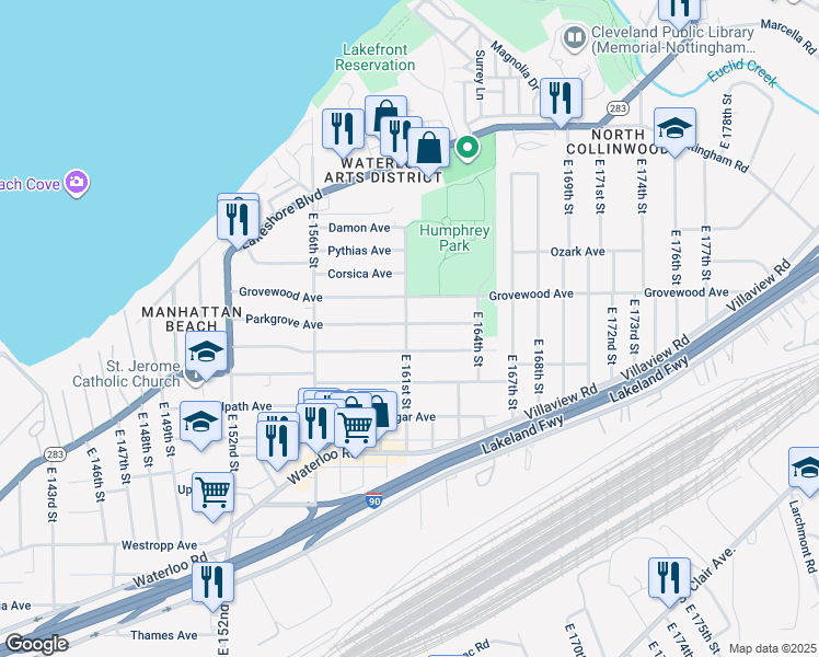 map of restaurants, bars, coffee shops, grocery stores, and more near 16102 Parkgrove Avenue in Cleveland